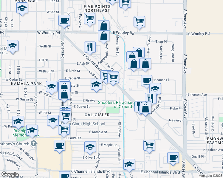 map of restaurants, bars, coffee shops, grocery stores, and more near 1631 South Oxnard Boulevard in Oxnard