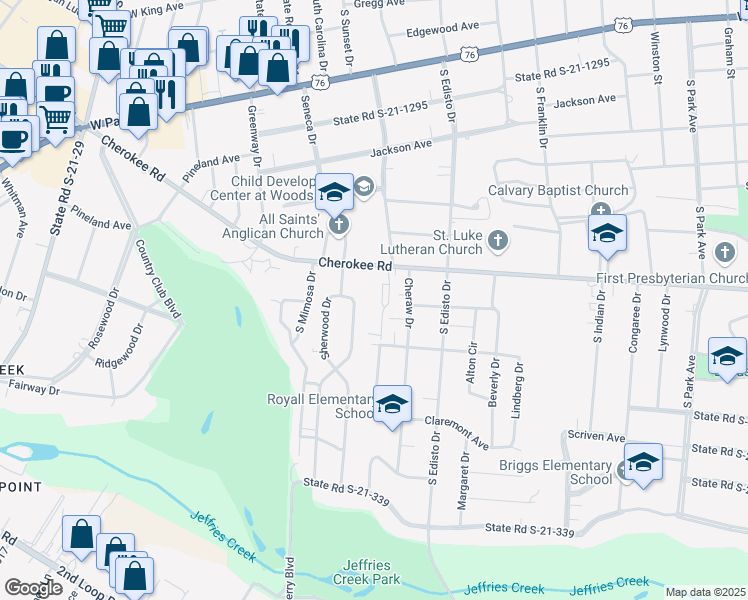 map of restaurants, bars, coffee shops, grocery stores, and more near 1402 Cherokee Road in Florence