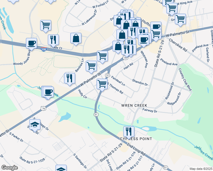 map of restaurants, bars, coffee shops, grocery stores, and more near 2200 West Driftwood Avenue in Florence