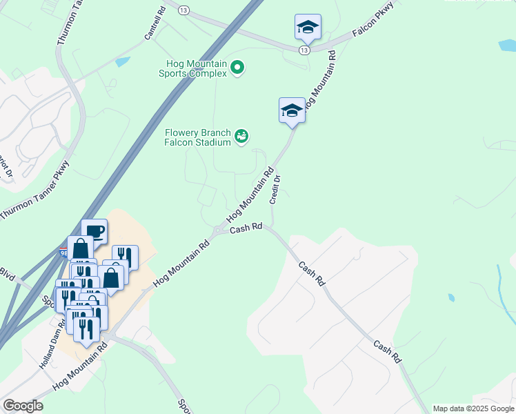 map of restaurants, bars, coffee shops, grocery stores, and more near 4521 Hog Mountain Road in Flowery Branch