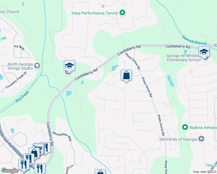 map of restaurants, bars, coffee shops, grocery stores, and more near 5035 Castlegate Court in Cumming