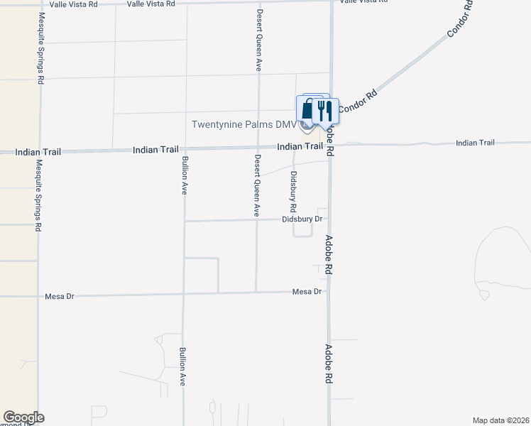 map of restaurants, bars, coffee shops, grocery stores, and more near 73542 Didsbury Drive in Twentynine Palms
