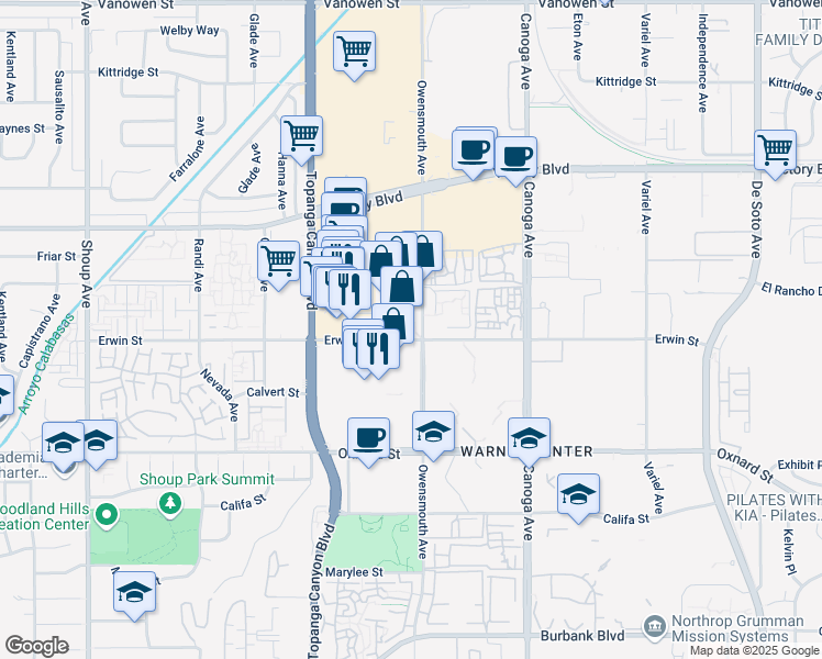 map of restaurants, bars, coffee shops, grocery stores, and more near 21701 Erwin Street in Los Angeles