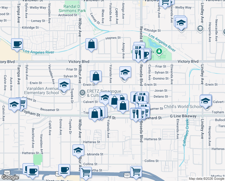 map of restaurants, bars, coffee shops, grocery stores, and more near 6210 Yolanda Avenue in Los Angeles