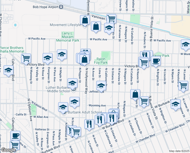 map of restaurants, bars, coffee shops, grocery stores, and more near 1810 North Avon Street in Burbank