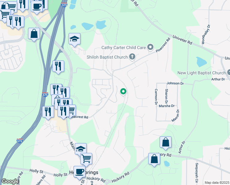 map of restaurants, bars, coffee shops, grocery stores, and more near 129 Cypress Court in Canton