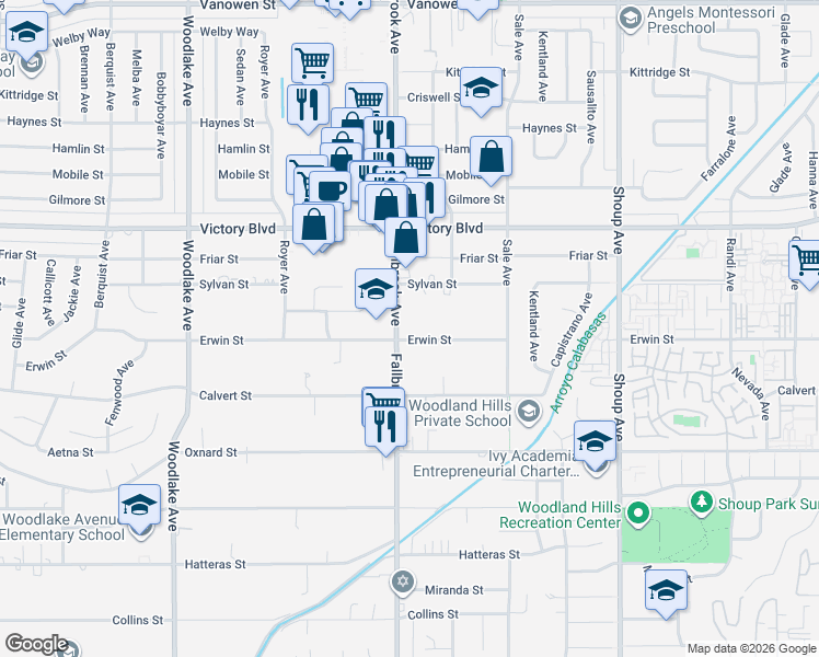 map of restaurants, bars, coffee shops, grocery stores, and more near 22747 Erwin Street in Los Angeles