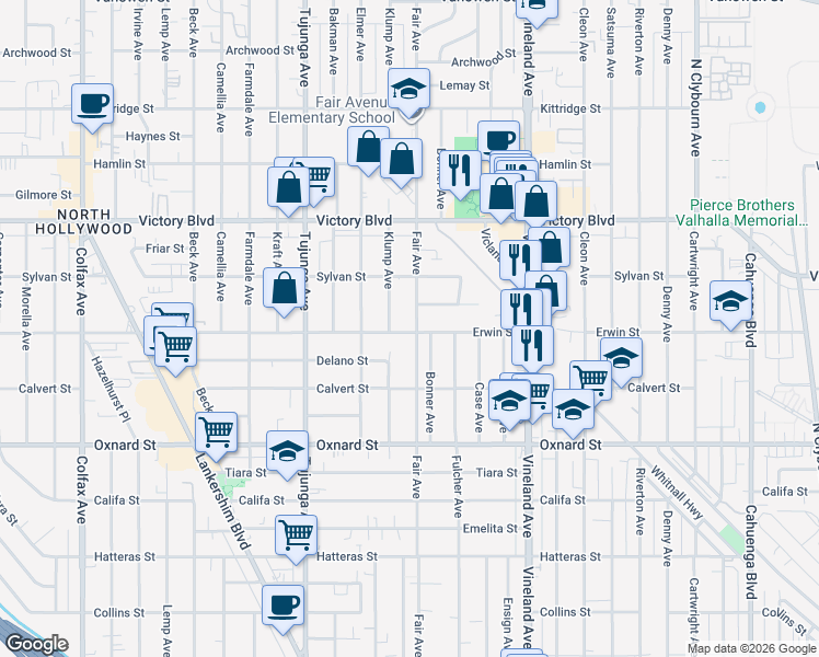 map of restaurants, bars, coffee shops, grocery stores, and more near 6212 Klump Avenue in Los Angeles