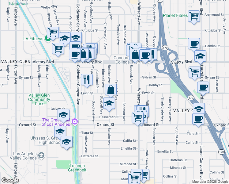 map of restaurants, bars, coffee shops, grocery stores, and more near 6213 Teesdale Avenue in Los Angeles