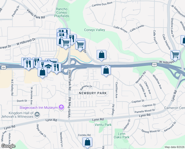 map of restaurants, bars, coffee shops, grocery stores, and more near 1180 Newbury Road in Thousand Oaks