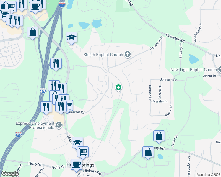 map of restaurants, bars, coffee shops, grocery stores, and more near 150 Cypress Court in Canton