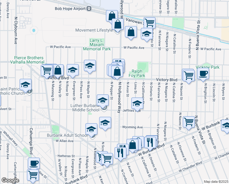 map of restaurants, bars, coffee shops, grocery stores, and more near 1810 North Avon Street in Burbank