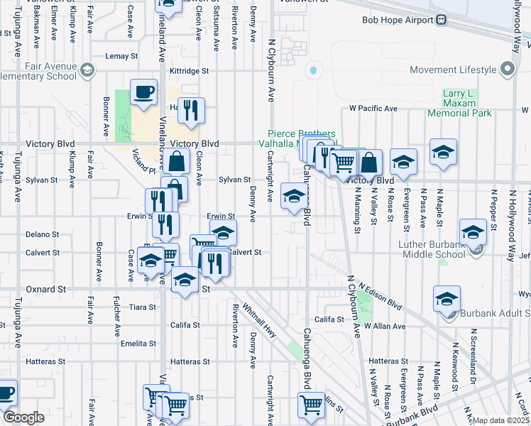 map of restaurants, bars, coffee shops, grocery stores, and more near 6210 Cartwright Avenue in Los Angeles