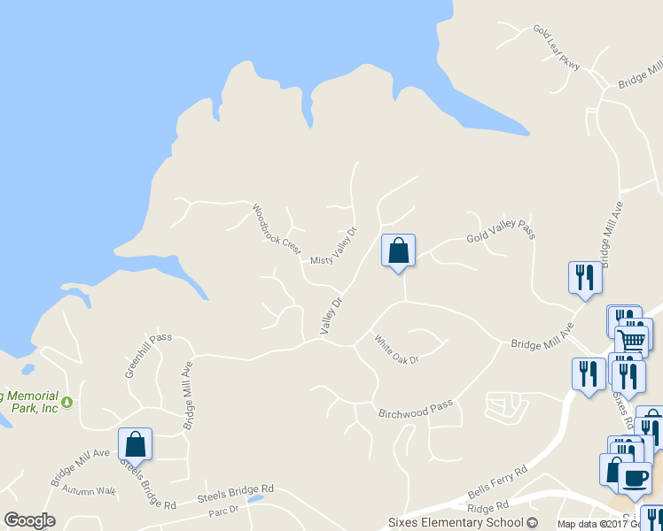map of restaurants, bars, coffee shops, grocery stores, and more near 108 Misty Valley Drive in Canton