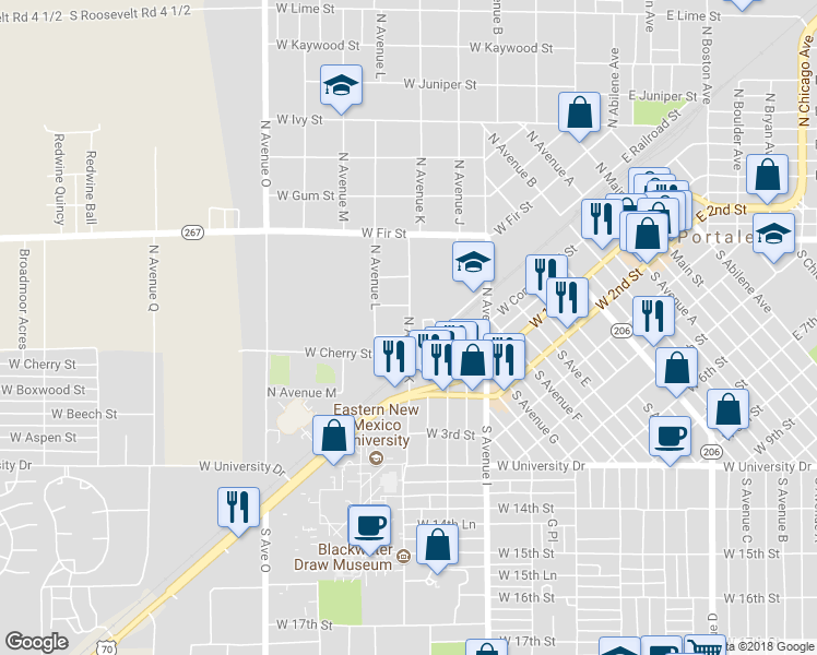 map of restaurants, bars, coffee shops, grocery stores, and more near 409 North Avenue K in Portales
