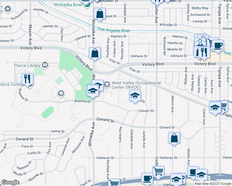 map of restaurants, bars, coffee shops, grocery stores, and more near 6233 Penfield Avenue in Los Angeles