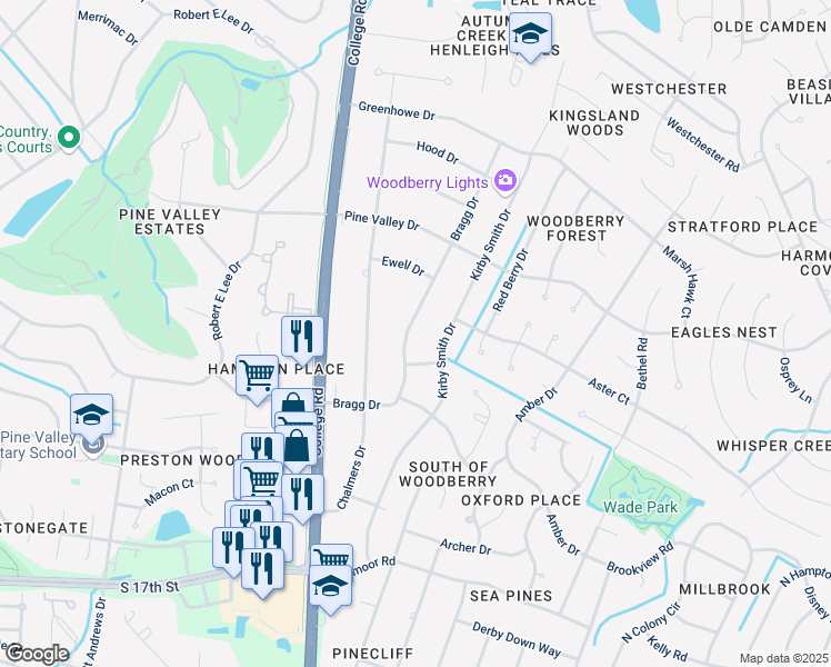 map of restaurants, bars, coffee shops, grocery stores, and more near 3337 Bragg Drive in Wilmington