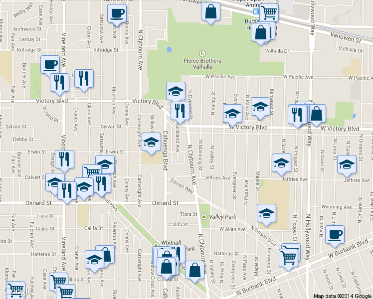 map of restaurants, bars, coffee shops, grocery stores, and more near 6213 Auckland Avenue in Los Angeles