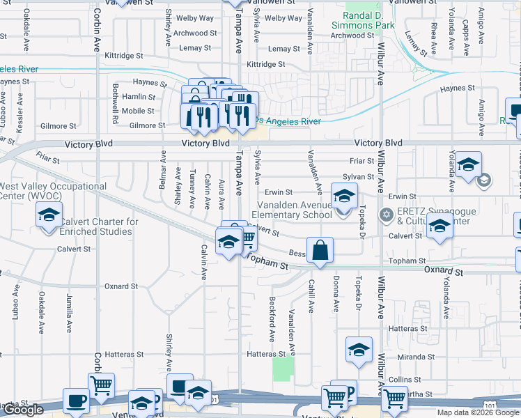 map of restaurants, bars, coffee shops, grocery stores, and more near 6219 Sylvia Avenue in Los Angeles