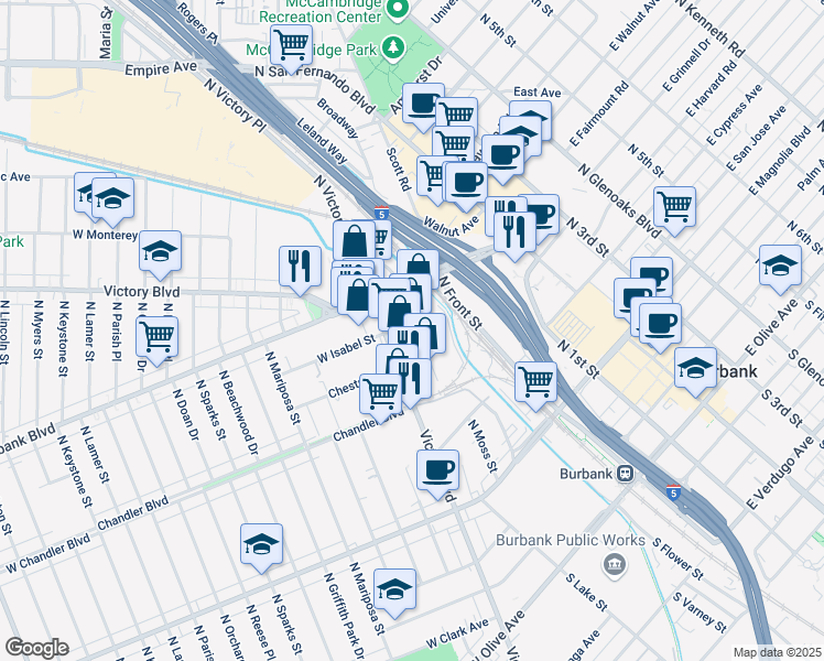 map of restaurants, bars, coffee shops, grocery stores, and more near 825 North Lake Street in Burbank