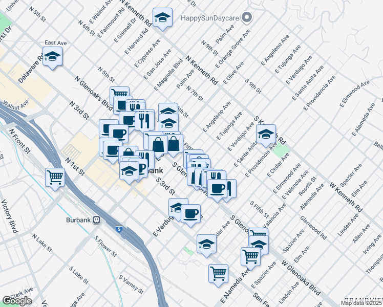 map of restaurants, bars, coffee shops, grocery stores, and more near 218 South Fifth Street in Burbank