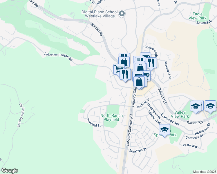 map of restaurants, bars, coffee shops, grocery stores, and more near 5748 Whispering Pines Circle in Westlake Village