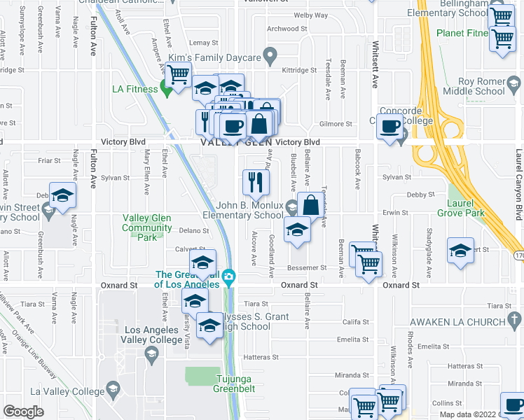 map of restaurants, bars, coffee shops, grocery stores, and more near 6203 Goodland Avenue in Los Angeles