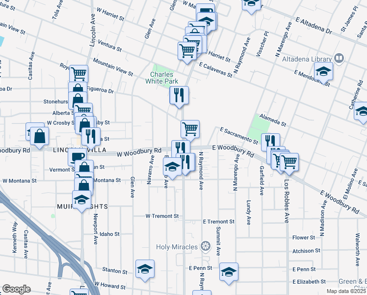 map of restaurants, bars, coffee shops, grocery stores, and more near N Fair Oaks Ave & W Woodbury Rd in Altadena