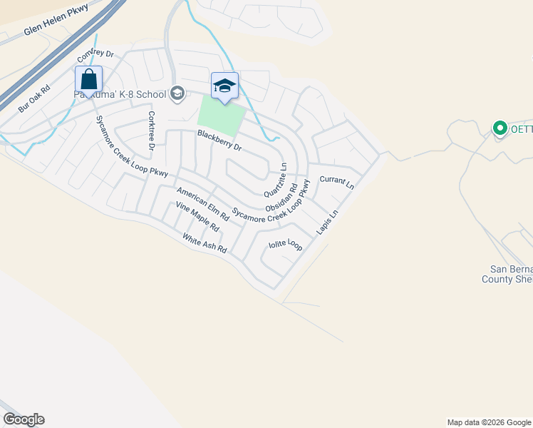 map of restaurants, bars, coffee shops, grocery stores, and more near 3919 Obsidian Road in San Bernardino