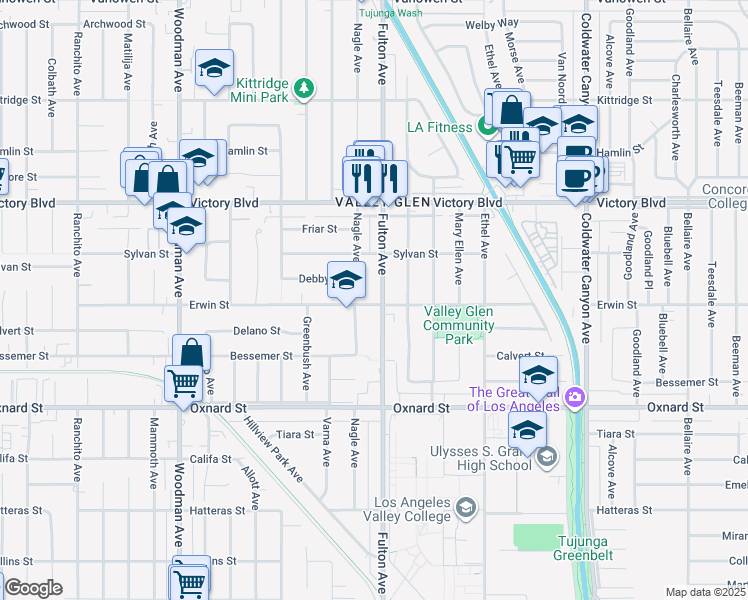 map of restaurants, bars, coffee shops, grocery stores, and more near 6205 Fulton Avenue in Los Angeles