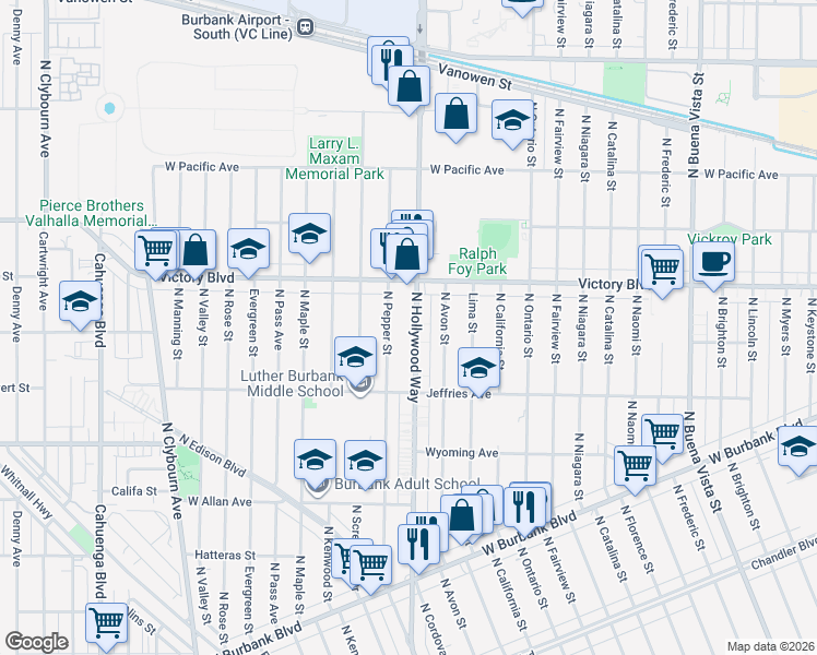 map of restaurants, bars, coffee shops, grocery stores, and more near 1911 North Hollywood Way in Burbank