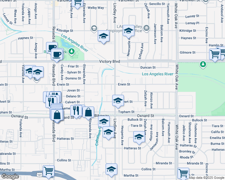 map of restaurants, bars, coffee shops, grocery stores, and more near 6251 Lindley Avenue in Los Angeles