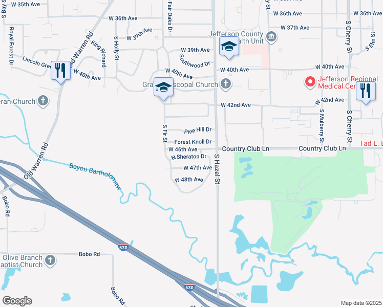 map of restaurants, bars, coffee shops, grocery stores, and more near 2405 North Sheraton Drive in Pine Bluff