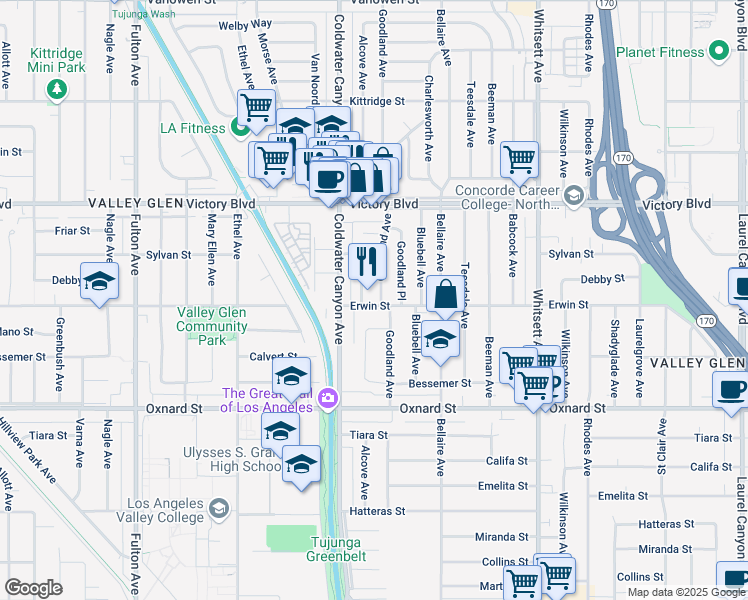 map of restaurants, bars, coffee shops, grocery stores, and more near 6203 Goodland Avenue in Los Angeles