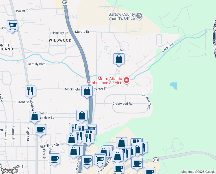 map of restaurants, bars, coffee shops, grocery stores, and more near 27 Center Road Southeast in Cartersville