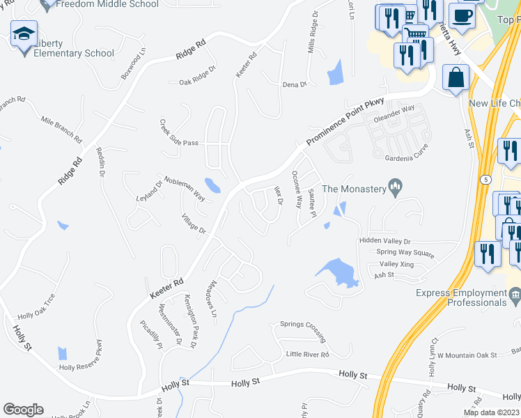 map of restaurants, bars, coffee shops, grocery stores, and more near 115 Ilex Drive in Canton