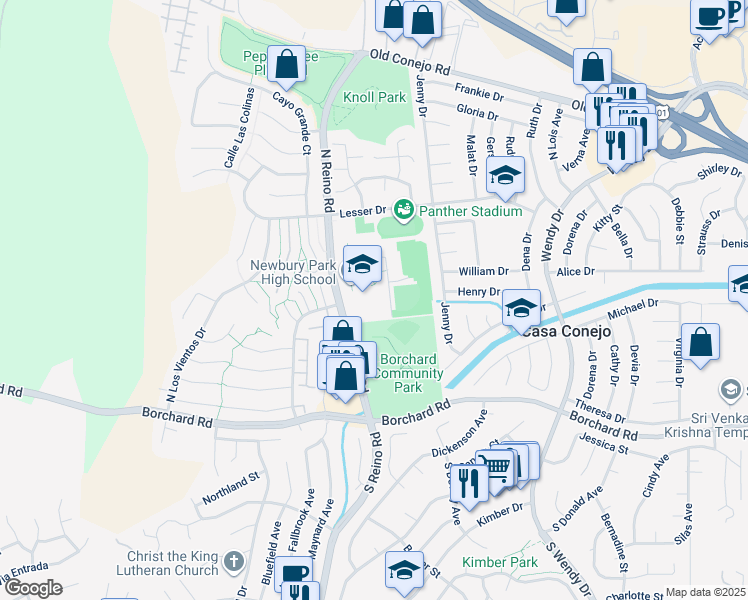 map of restaurants, bars, coffee shops, grocery stores, and more near 456 North Reino Road in Thousand Oaks