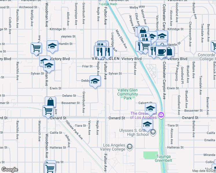map of restaurants, bars, coffee shops, grocery stores, and more near 6202 Fulton Avenue in Los Angeles