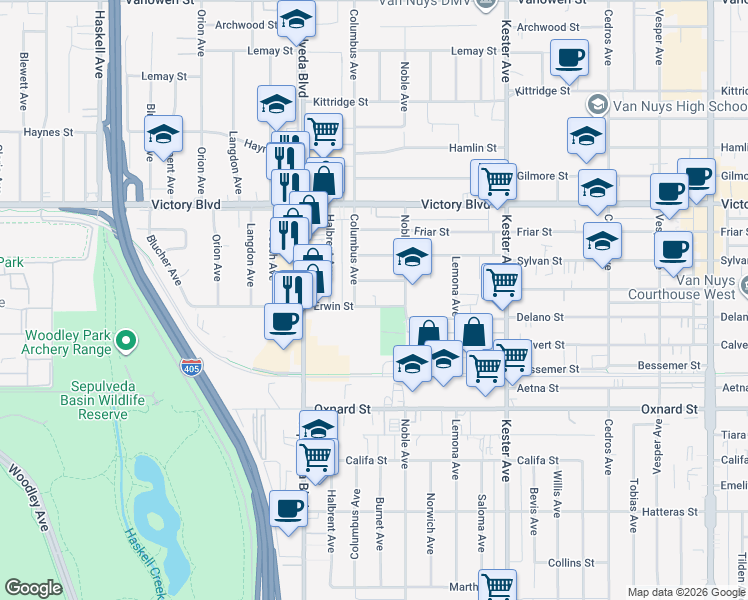 map of restaurants, bars, coffee shops, grocery stores, and more near 15112 Domino Street in Los Angeles
