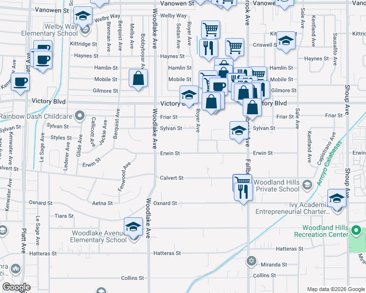 map of restaurants, bars, coffee shops, grocery stores, and more near 23041 Erwin Street in Los Angeles