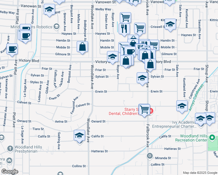 map of restaurants, bars, coffee shops, grocery stores, and more near 23041 Erwin Street in Los Angeles