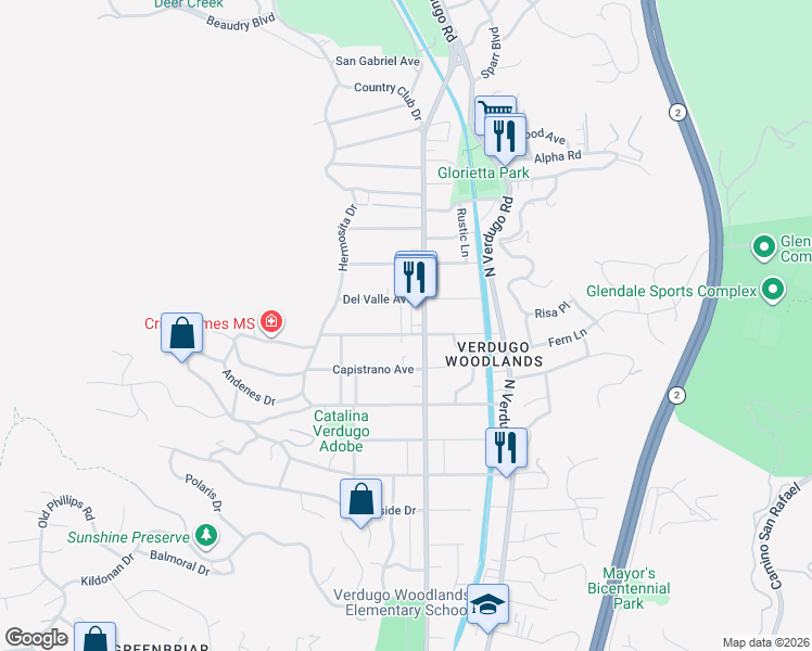 map of restaurants, bars, coffee shops, grocery stores, and more near 2512 Weston Place in Glendale