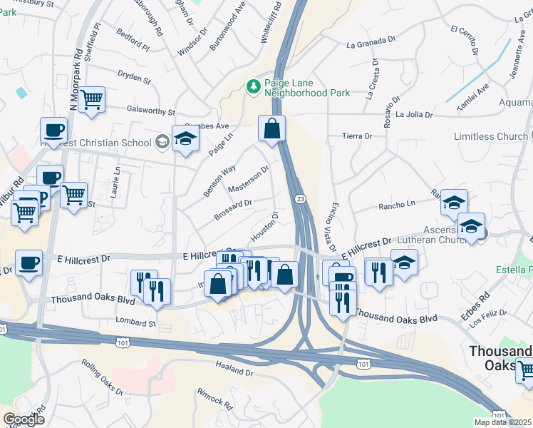 map of restaurants, bars, coffee shops, grocery stores, and more near 883 Vinton Court in Thousand Oaks