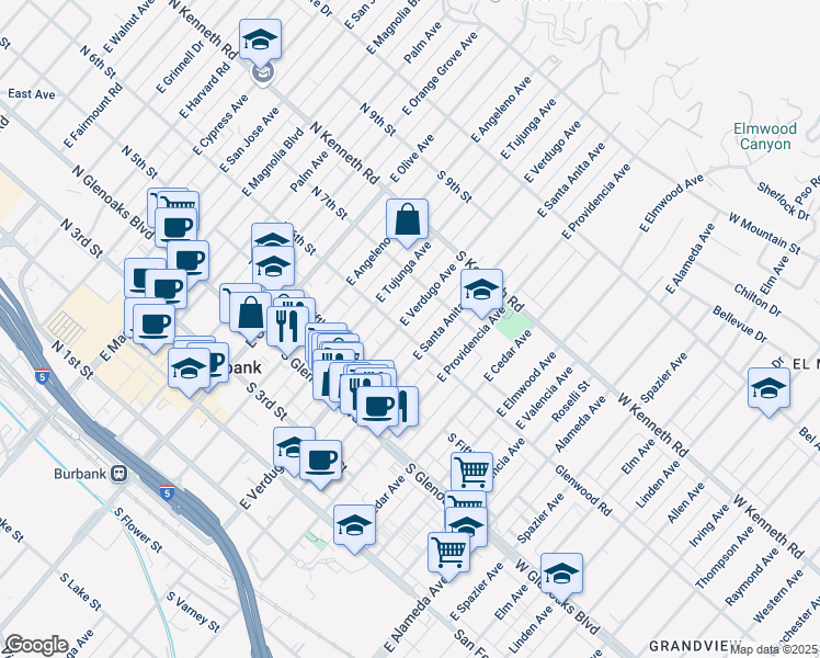 map of restaurants, bars, coffee shops, grocery stores, and more near 602 East Verdugo Avenue in Burbank