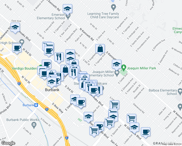 map of restaurants, bars, coffee shops, grocery stores, and more near 544 East Tujunga Avenue in Burbank