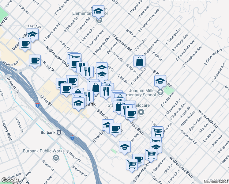 map of restaurants, bars, coffee shops, grocery stores, and more near 218 South Fifth Street in Burbank