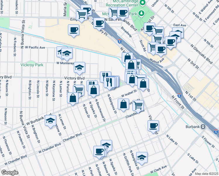 map of restaurants, bars, coffee shops, grocery stores, and more near 1110 North Griffith Park Drive in Burbank