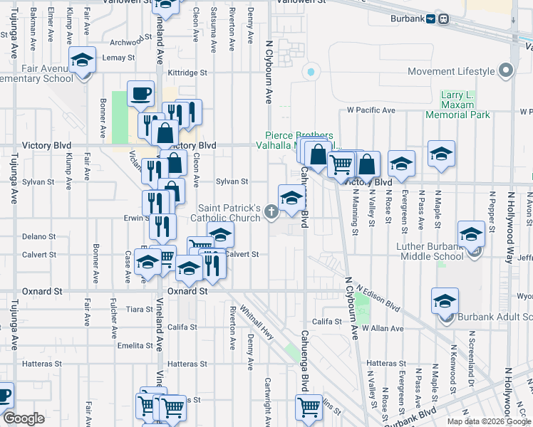 map of restaurants, bars, coffee shops, grocery stores, and more near 6210 Cartwright Avenue in Los Angeles
