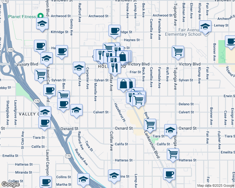 map of restaurants, bars, coffee shops, grocery stores, and more near 6212 Colfax Avenue in Los Angeles
