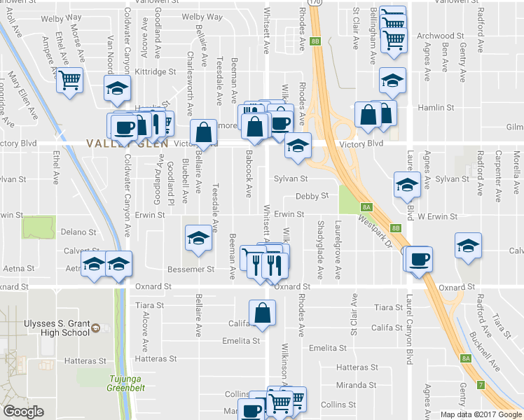 map of restaurants, bars, coffee shops, grocery stores, and more near 6213 Whitsett Avenue in Los Angeles